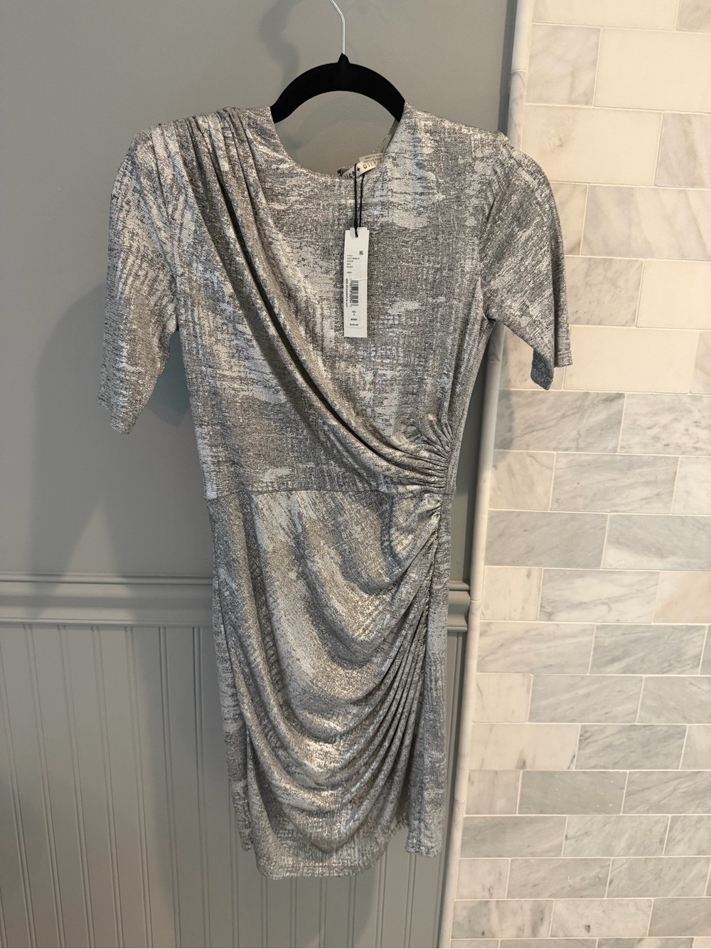 Alice + Olivia Silver Draped Ruched Mini Dress